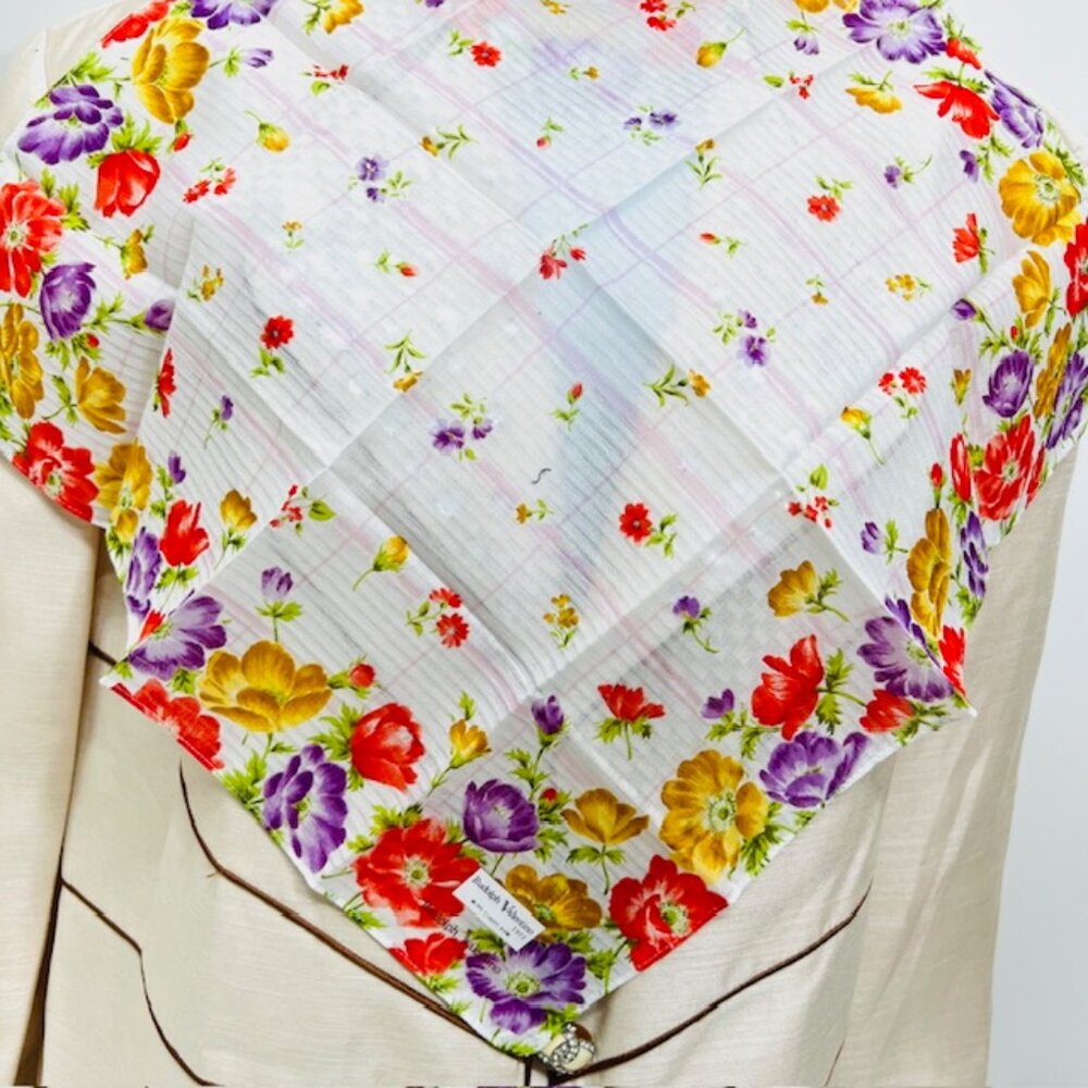 New-Valentino R. Mini Scarf/Handkerchief cotton 18". red purple gold floral (75 - Picture 5 of 6